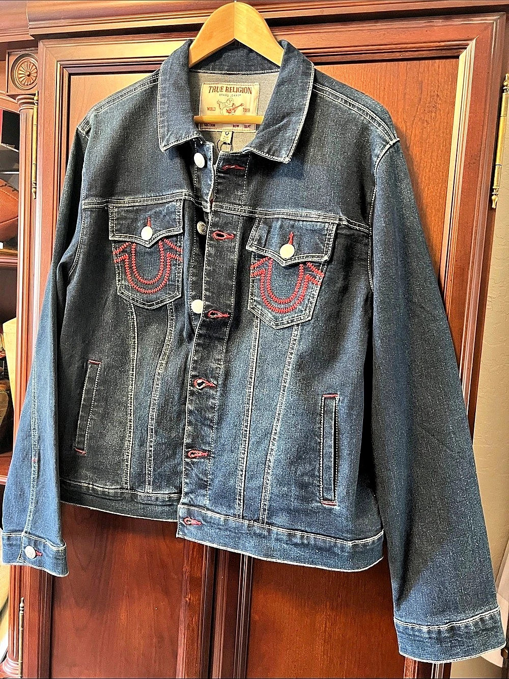 Brand New True Religion World Tour Horseshoe Denim Jacket Blue & Red accents!